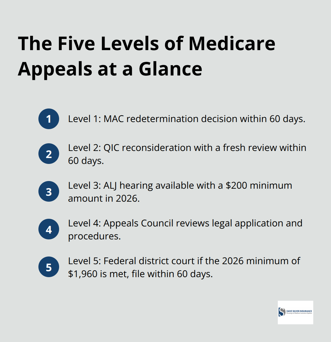 Compact summary of the five Medicare appeal levels with timelines and thresholds - Medicare appeals process