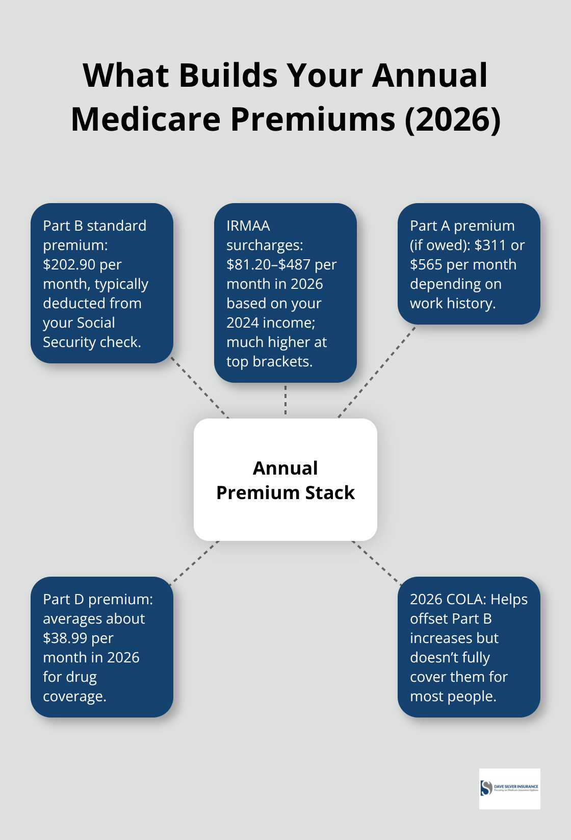 Hub-and-spoke chart showing key components that make up annual Medicare premiums in 2026 for U.S. beneficiaries. - Medicare costs explained