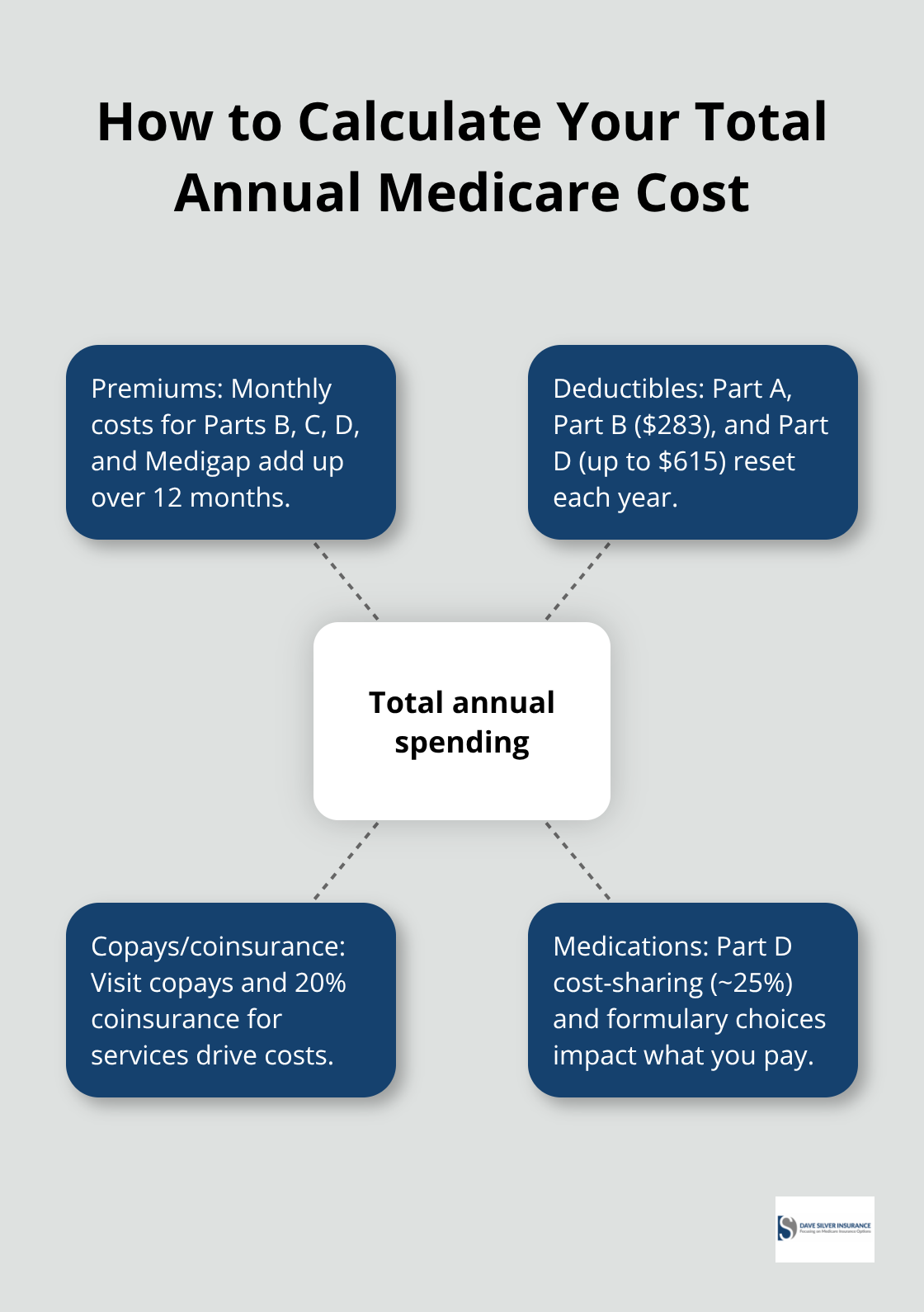 Hub-and-spoke diagram showing components of total annual Medicare spending: premiums, deductibles, copays/coinsurance, and medications. - Medicare costs explained 2026
