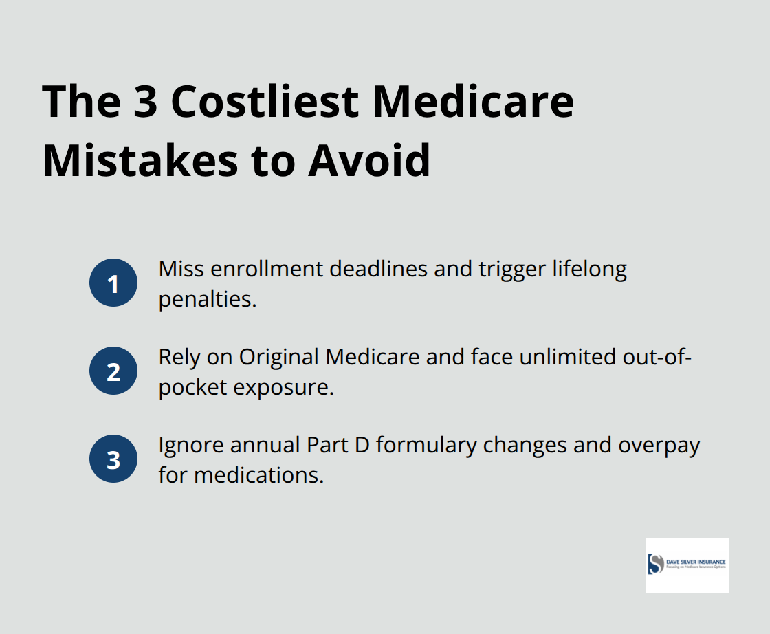 Compact ordered list highlighting three common and expensive Medicare mistakes to avoid.