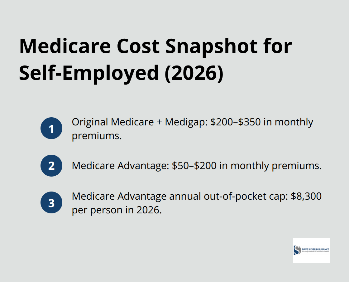Compact list comparing monthly premiums and annual out-of-pocket cap for Medicare options. - Medicare for self-employed