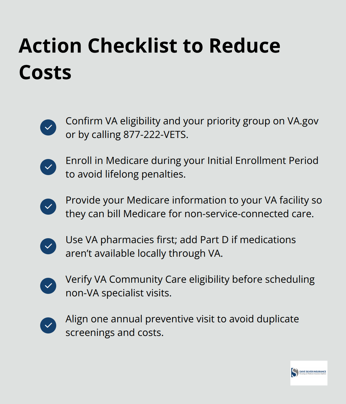 Checklist of steps veterans can take to coordinate VA and Medicare and save money - Medicare for veterans benefits