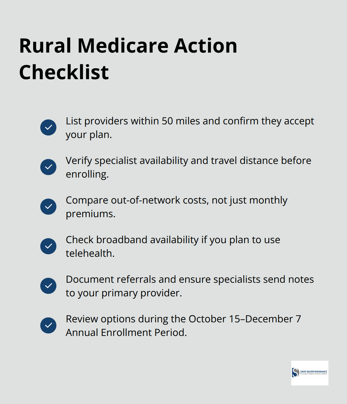 Checkmark list of practical steps to align Medicare coverage with real-world rural access. - Medicare rural coverage