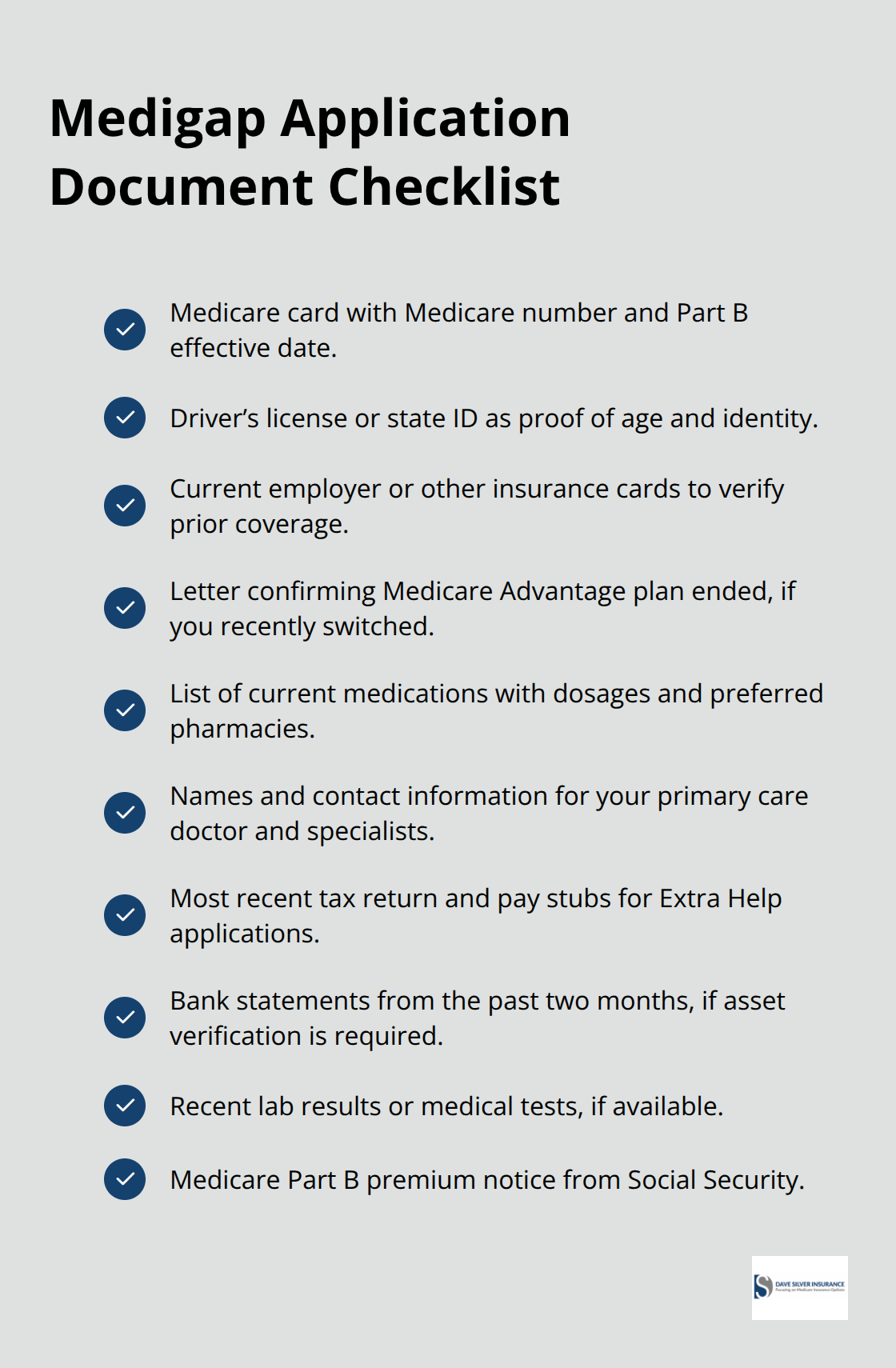 Checklist of documents and information to prepare for a U.S. Medigap application. - Medigap enrollment checklist
