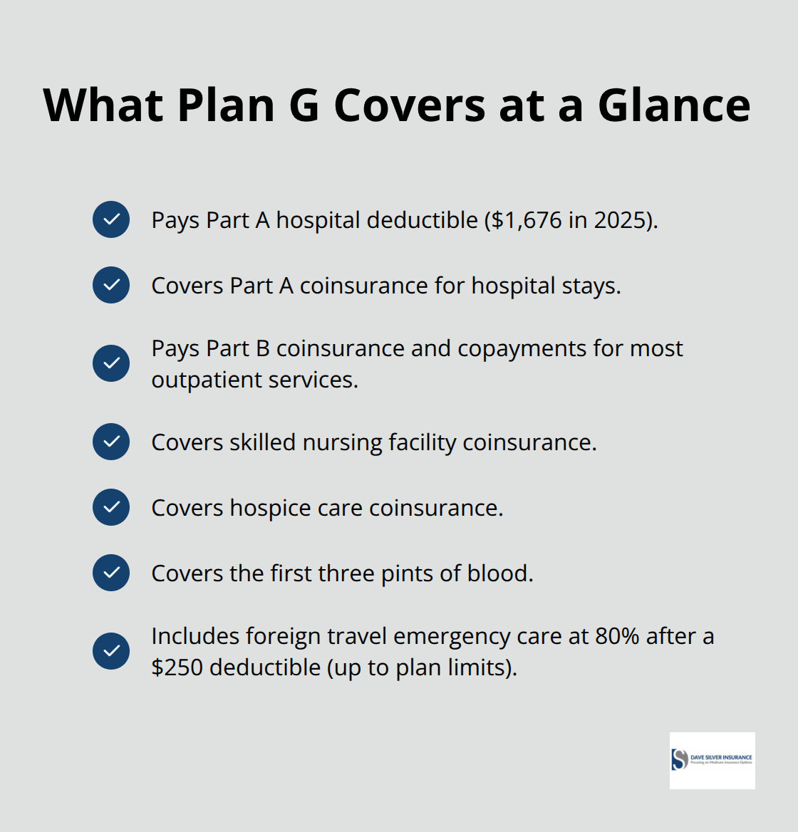 Key Plan G benefits including coinsurance coverage, hospital days, and foreign travel benefits. - Medigap plan G overview