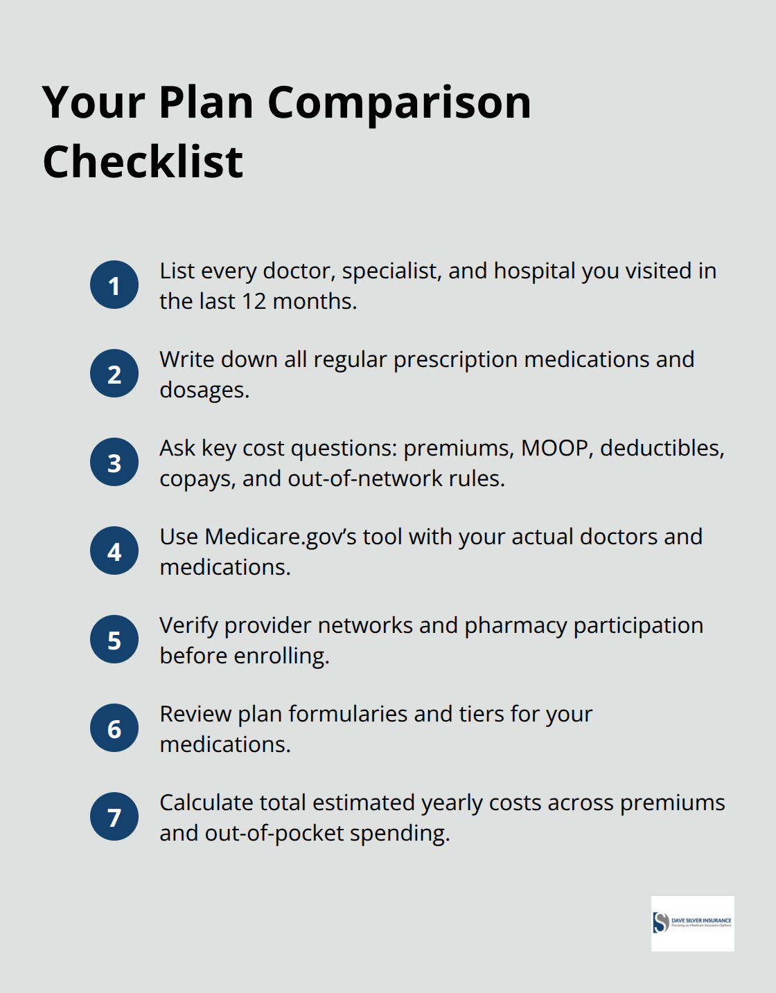 Compact checklist of steps to compare Medicare options before retirement