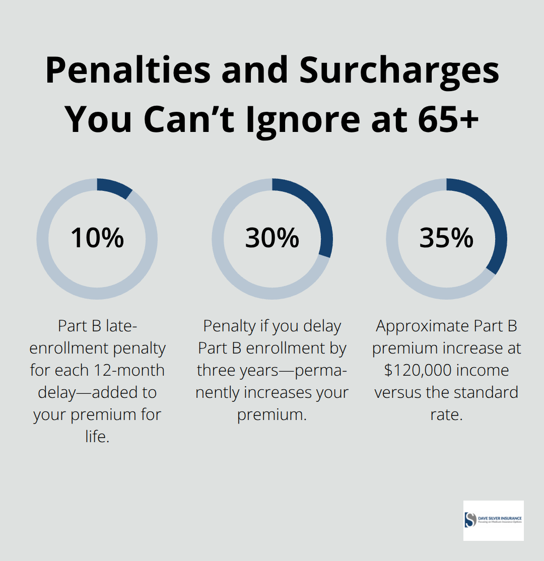 Infographic showing Medicare-related penalties and surcharges: 10% Part B late-enrollment penalty per year delayed, 30% for a three-year delay, and about 35% higher Part B premium at $120,000 income. - Work after Medicare