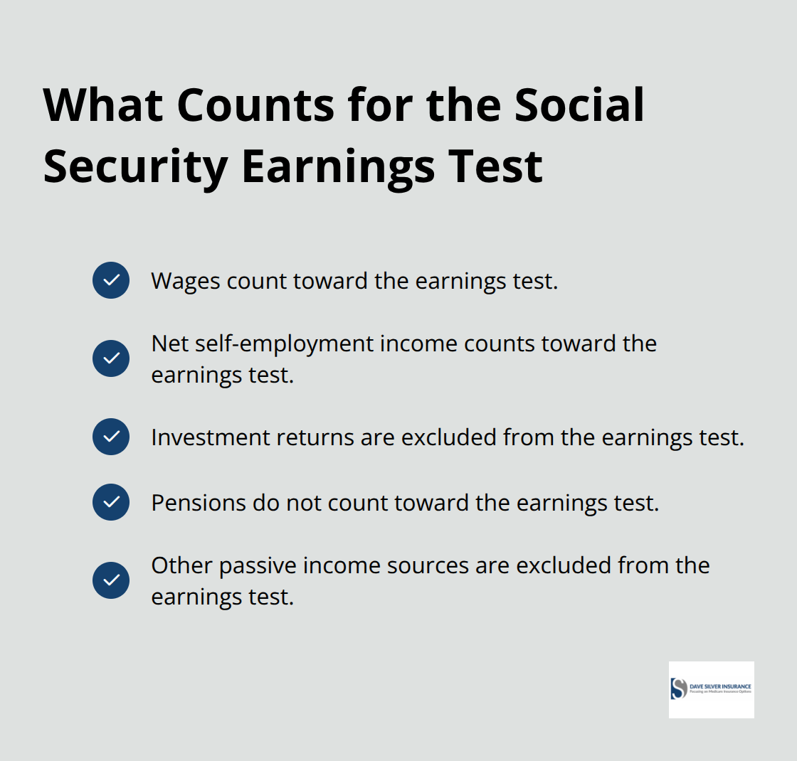 Checklist distinguishing which income types affect Social Security under the earnings test and which do not.