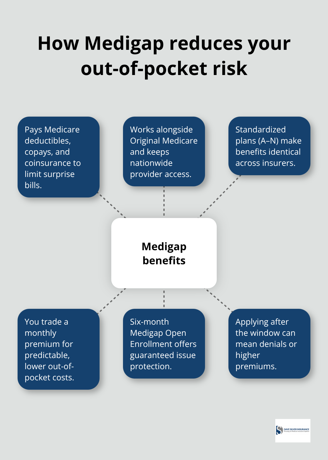 Hub-and-spoke overview of Medigap: what it covers, standardization, access, and timing.