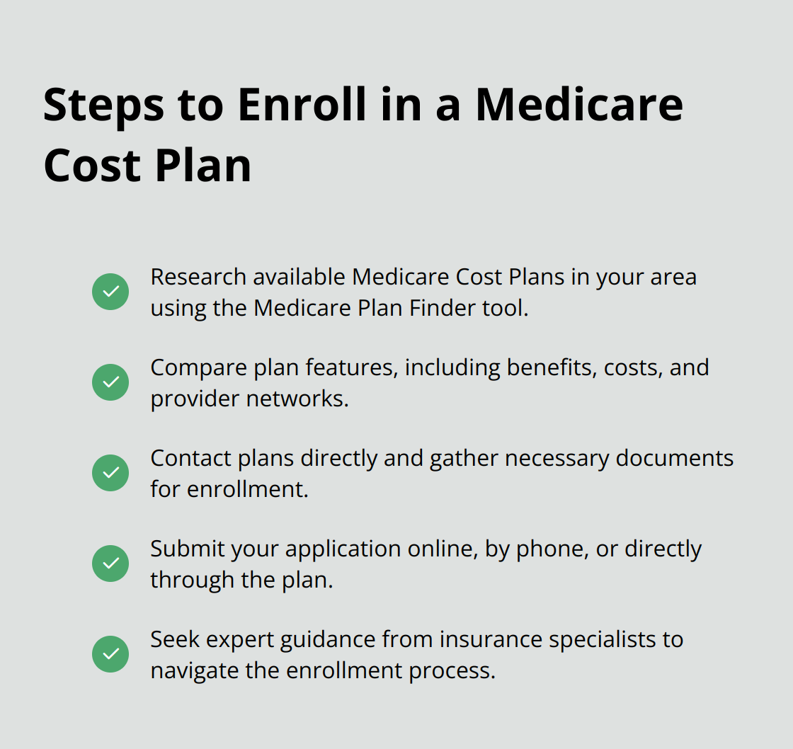 A checkmark list chart showing five key steps to enroll in a Medicare Cost Plan, including research, comparison, information gathering, application submission, and seeking expert guidance. - medicare cost plan enrollment