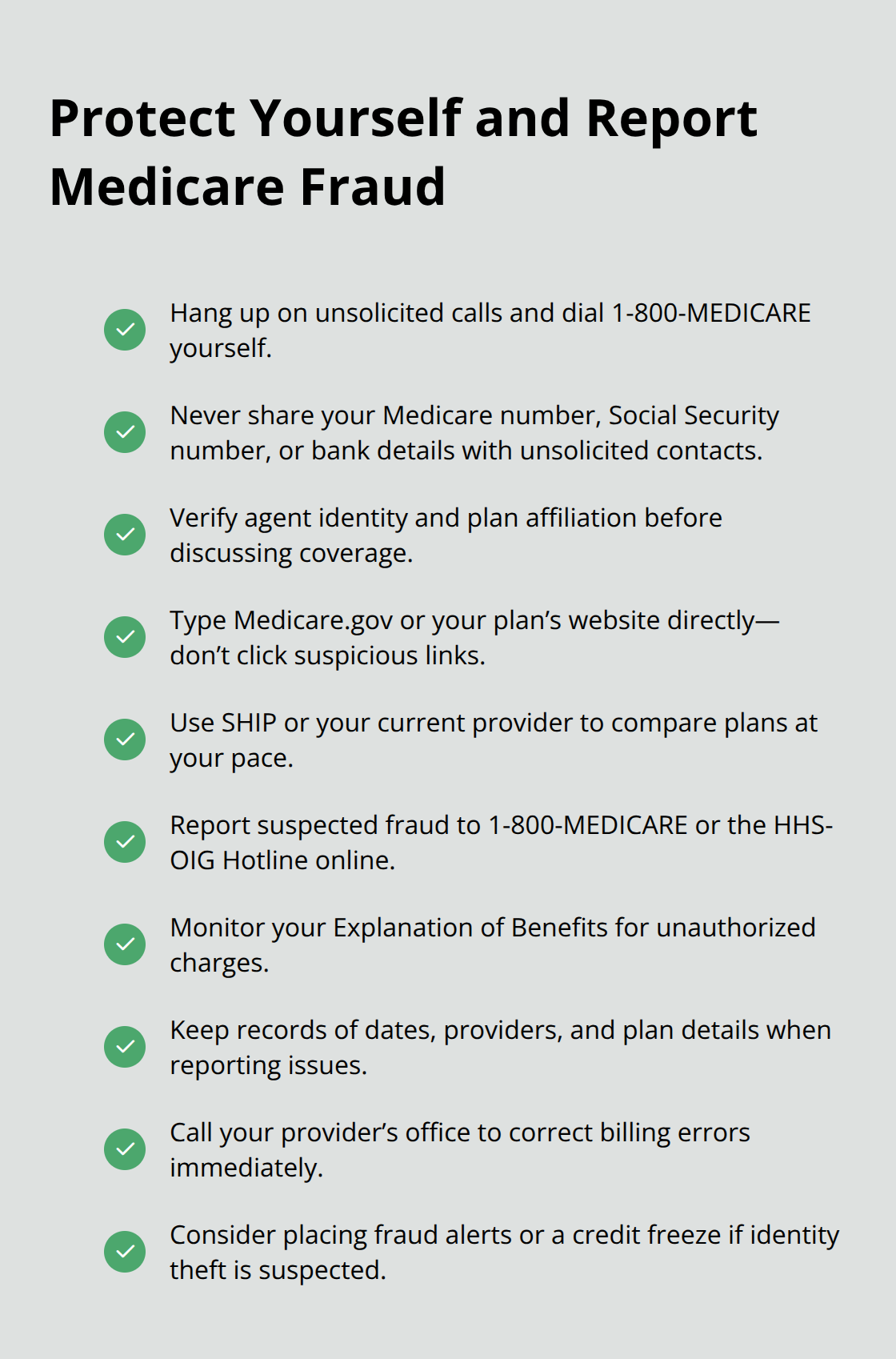 Checklist of actions U.S. Medicare beneficiaries should take to prevent and report fraud.